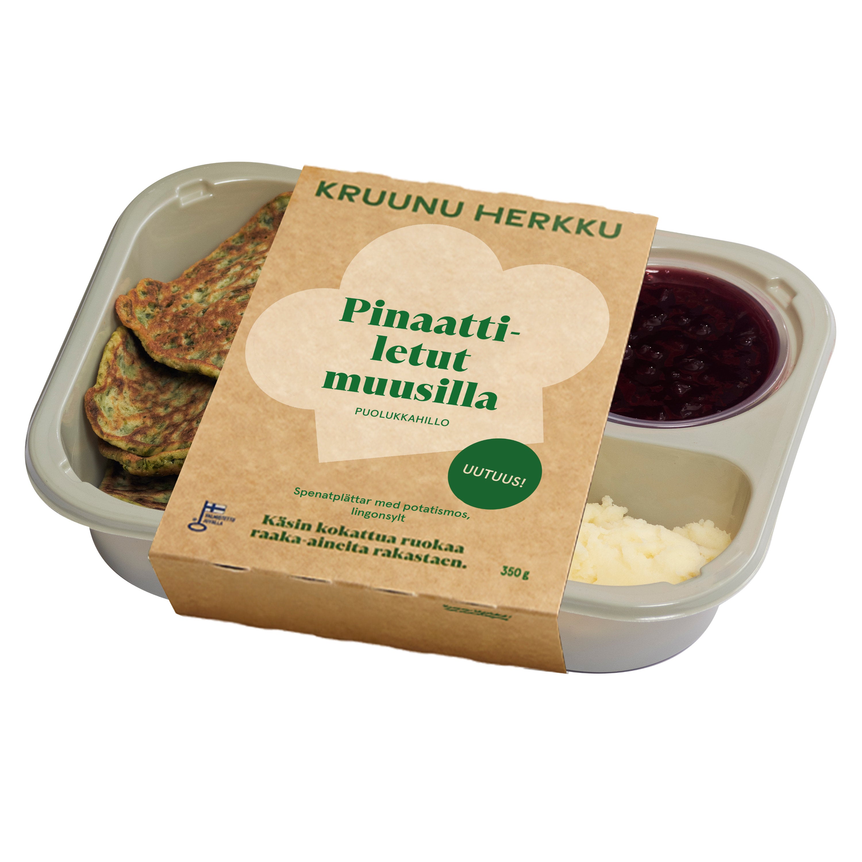 Pinaattiletut muusilla ja puolukkahillolla (350 g)